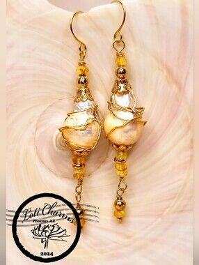 Dazzling Natural Yellow Fire Opal &  Wired Large Baroque Pearl In Long Earrings